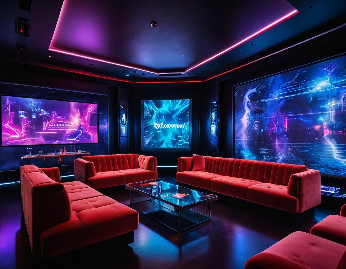 A seductive and immersive lounge setting with plush velvet seating, dim lighting, and ethereal neon accents. Guests engaged in interactive digital displays that invite exploration, laughter, and connection. Elegant cocktails on the table, along with stylish adults enjoying their time in a vibrant atmosphere. A backdrop that hints at futuristic entertainment technology. cyberpunk. vibrant colors. 3D.