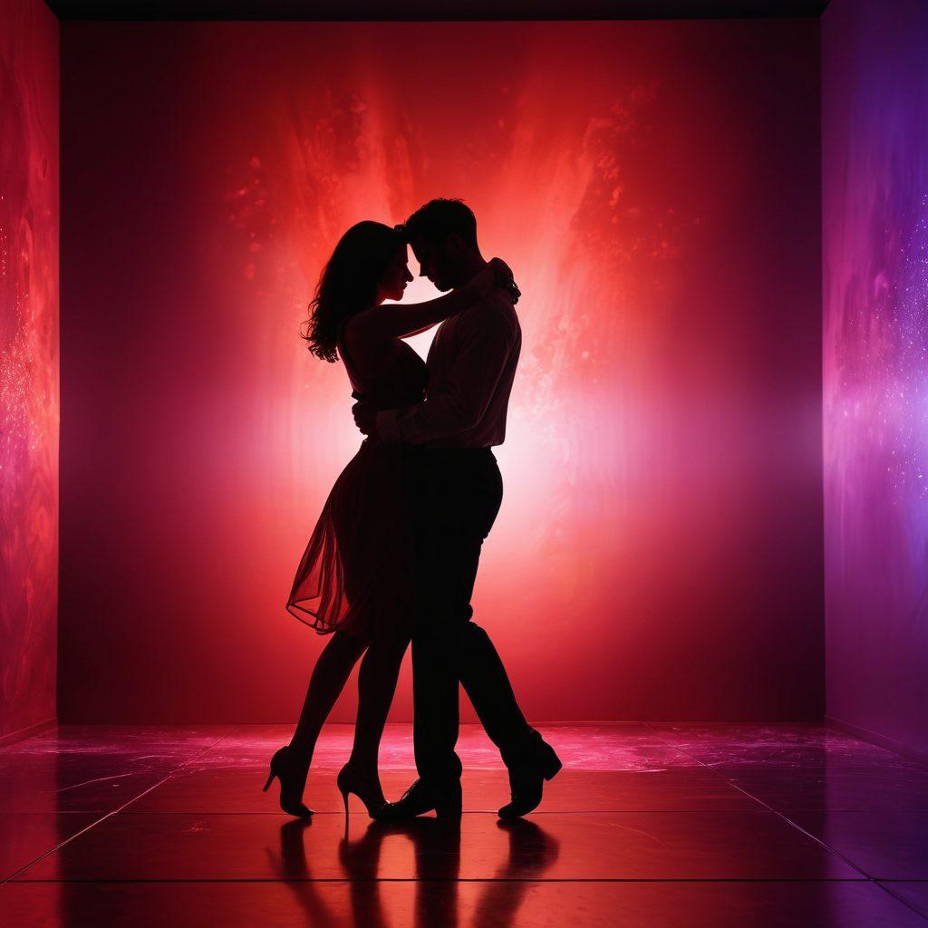 A sensual and inviting digital landscape showcasing two silhouettes intertwined in a dance against a backdrop of soft, glowing lights and abstract shapes representing virtual intimacy. The atmosphere should exude warmth and passion, with elements suggesting adult entertainment subtly integrated, like evolving digital patterns. Incorporate deep reds and purples to enhance the feeling of arousal and connection. surrealistic. vibrant colors. intimate setting.