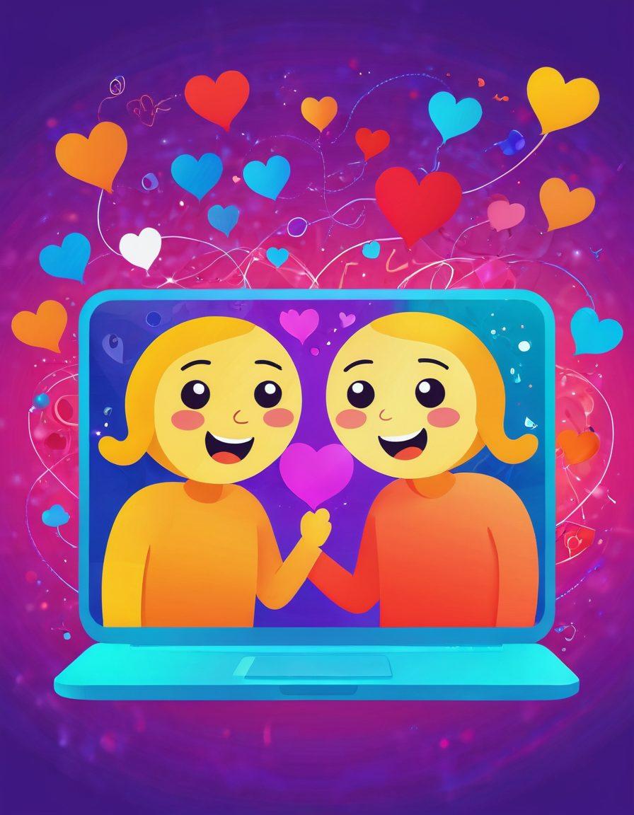A vibrant digital illustration depicting two lighthearted, cartoon-style characters engaged in playful online flirting through a colorful chat interface. The background features abstract representations of digital connections, such as hearts and emojis, intertwining with symbols of fun and excitement. The use of bright colors emphasizes a cheerful atmosphere while maintaining a sense of whimsy. vector art. vibrant colors.